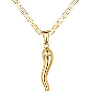 18K Gold Plated Flat Marina Chain 20 Inch Italian Horn Necklace Jewelry